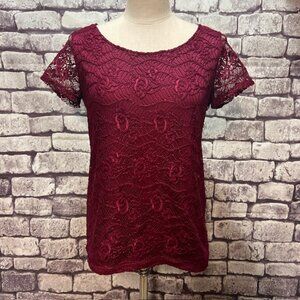 Lynn Ryan Burgundy Round Neck Short Sleeve Blouse Size L